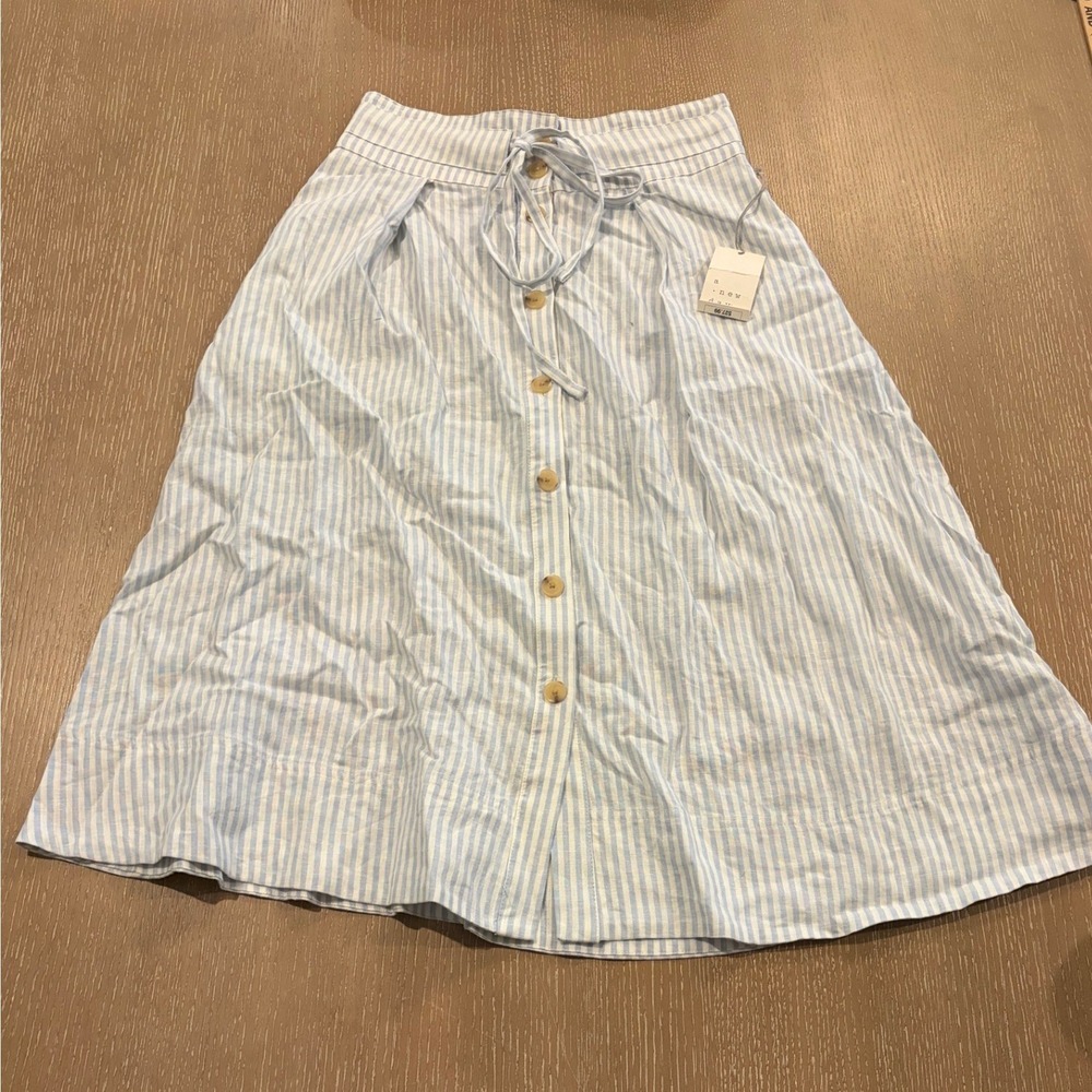 NWT A New Day Women's S Blue White Striped Linen Blend Button Front Midi Skirt